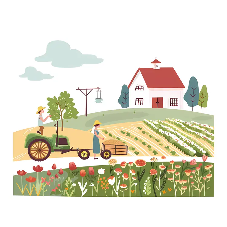 Farm Landscape with Tractor and Field