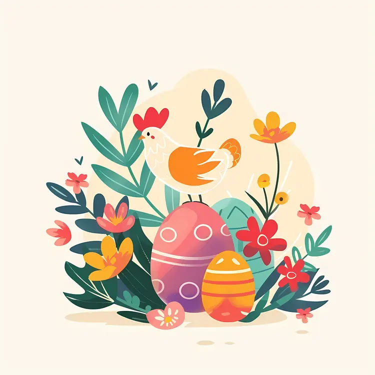 Easter Eggs with Chicken and Flowers