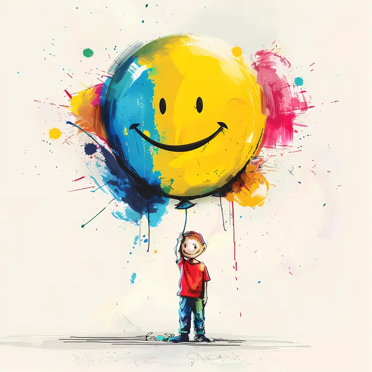 Boy Holding a Colorful Smiley Balloon