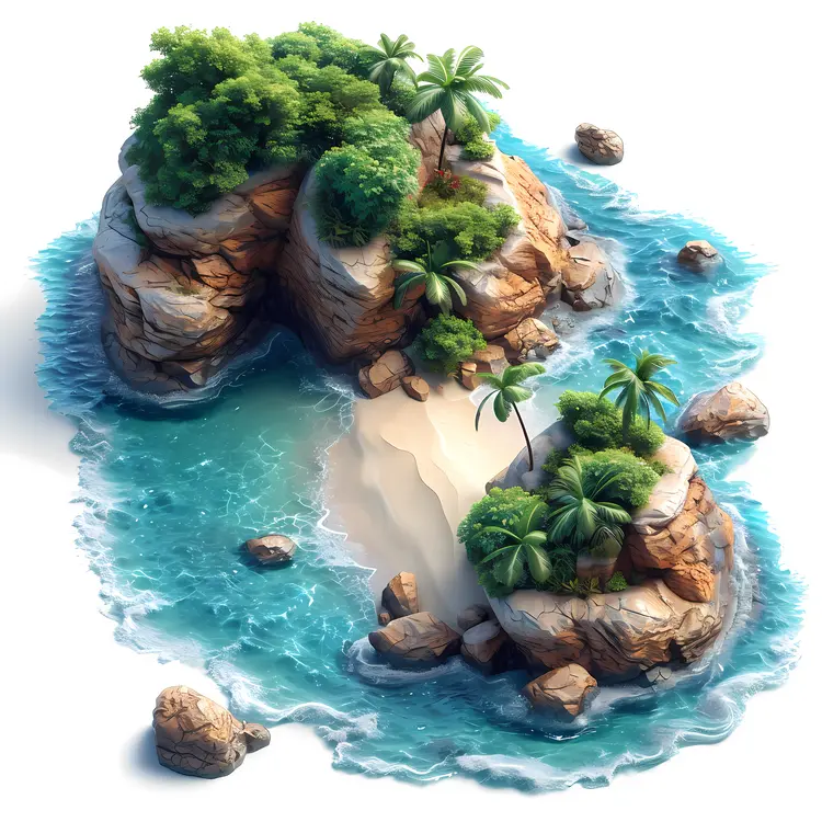 Small Tropical Island with Palm Trees and Rocks