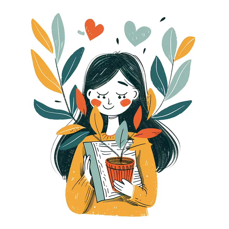 Cute Girl Reading Book with Hearts and Leaves