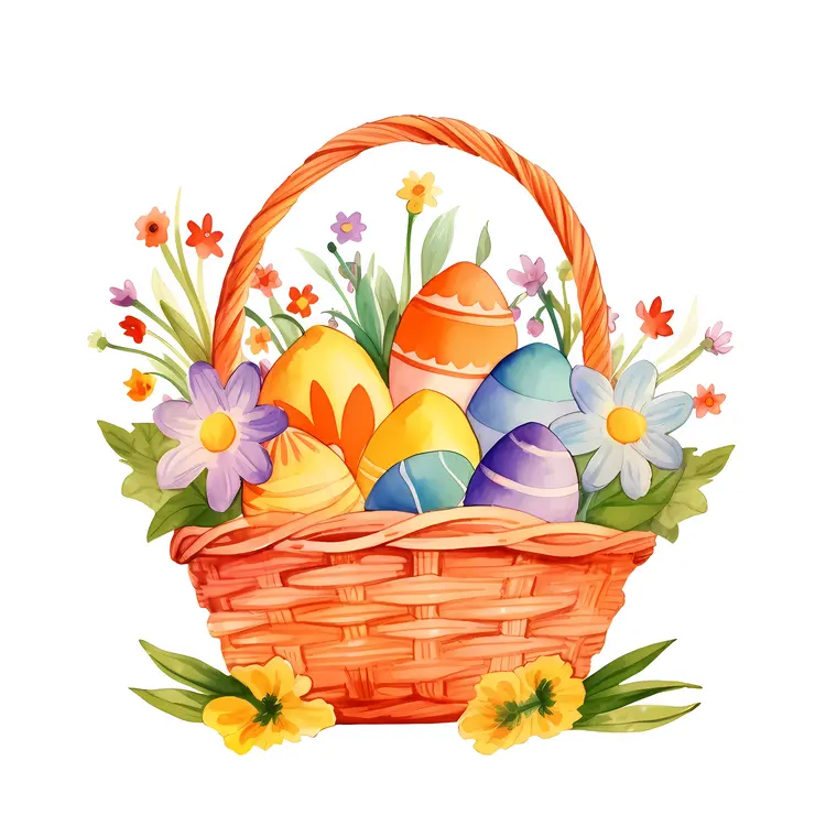 Colorful Easter Basket with Eggs and Flowers