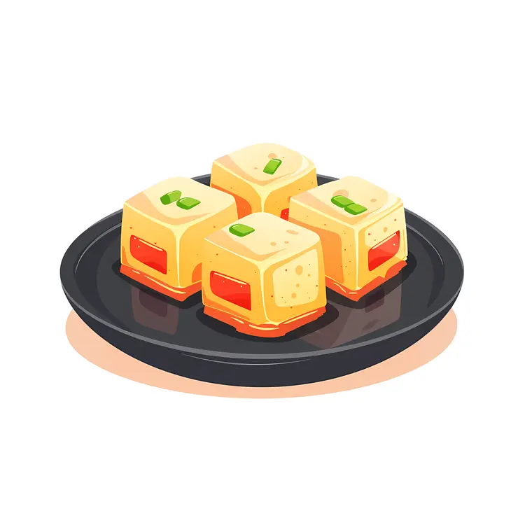 Tofu Cubes with Garnish on Black Plate
