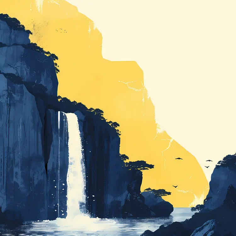 Yellow and Blue Waterfall with Birds
