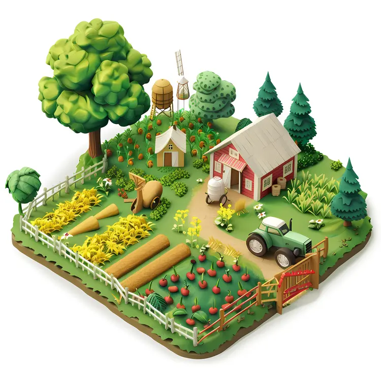 Farm with Various Crops and Green Tractor