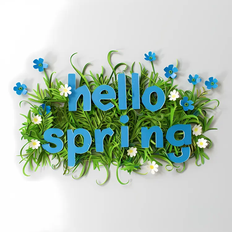 Hello Spring with Blue Letters and Grass