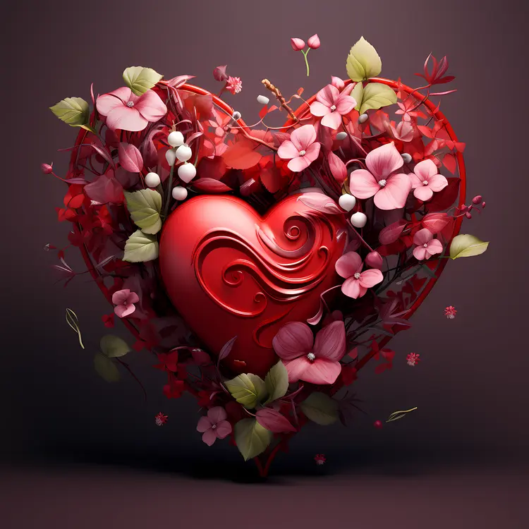 Heart with Pink and Red Flowers for Valentine's Day