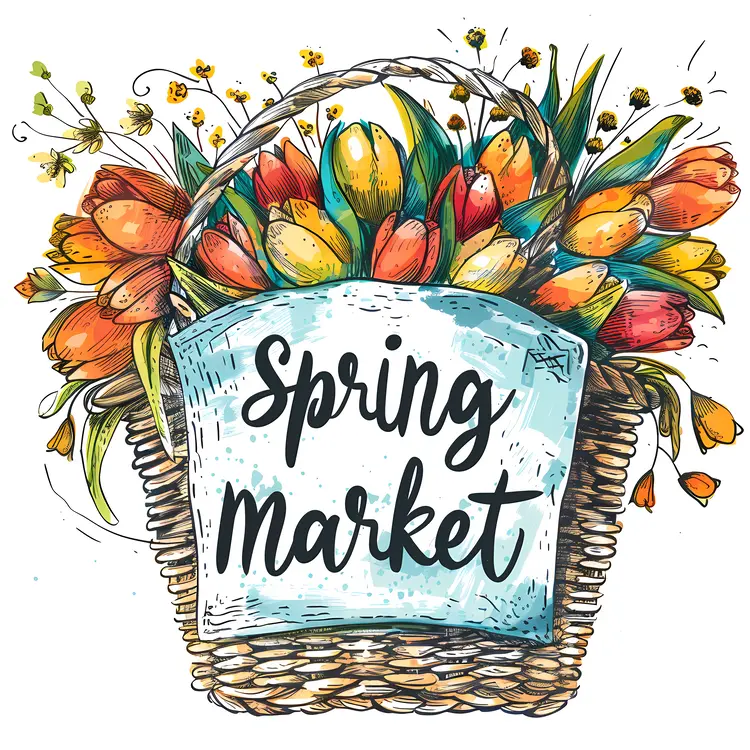 Spring Market with Colorful Flowers in a Basket