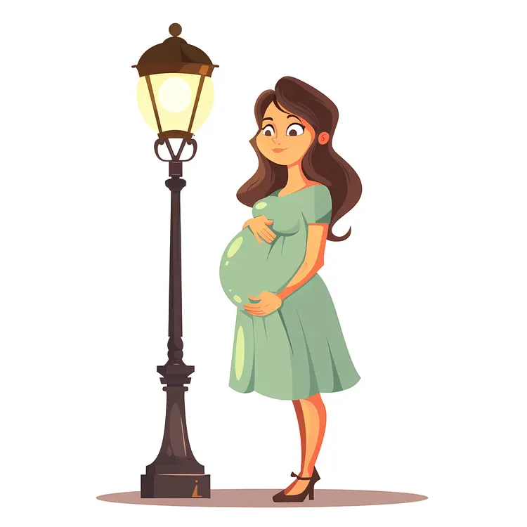 Pregnant Woman by Lamp Post in Green Dress