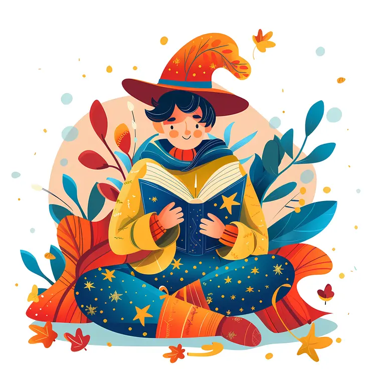 Person Reading Book with Magical Hat