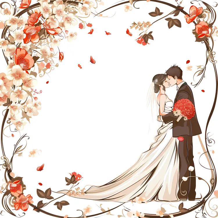 Wedding Couple with Red Flowers