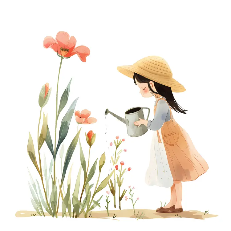 Girl Watering Flowers in the Garden