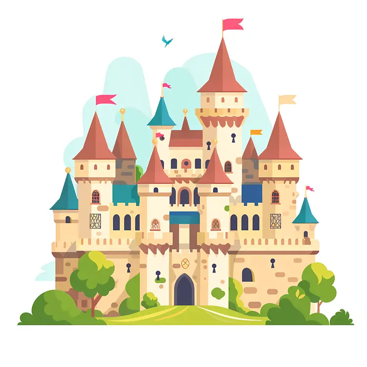 Stone Castle with Flags and Green Surroundings