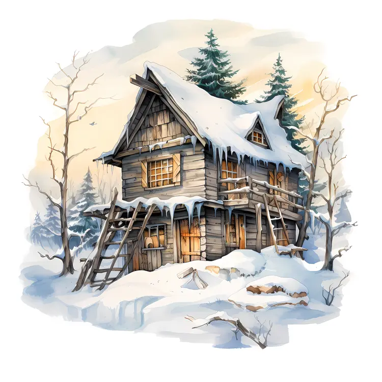 Cozy Wooden Cabin in Winter Forest