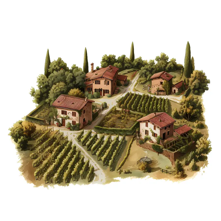 Vineyard with Small Houses and Trees