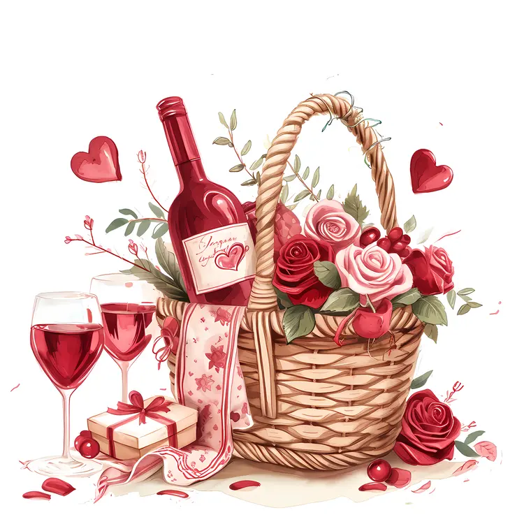 Heart Basket with Wine for Valentine's Day