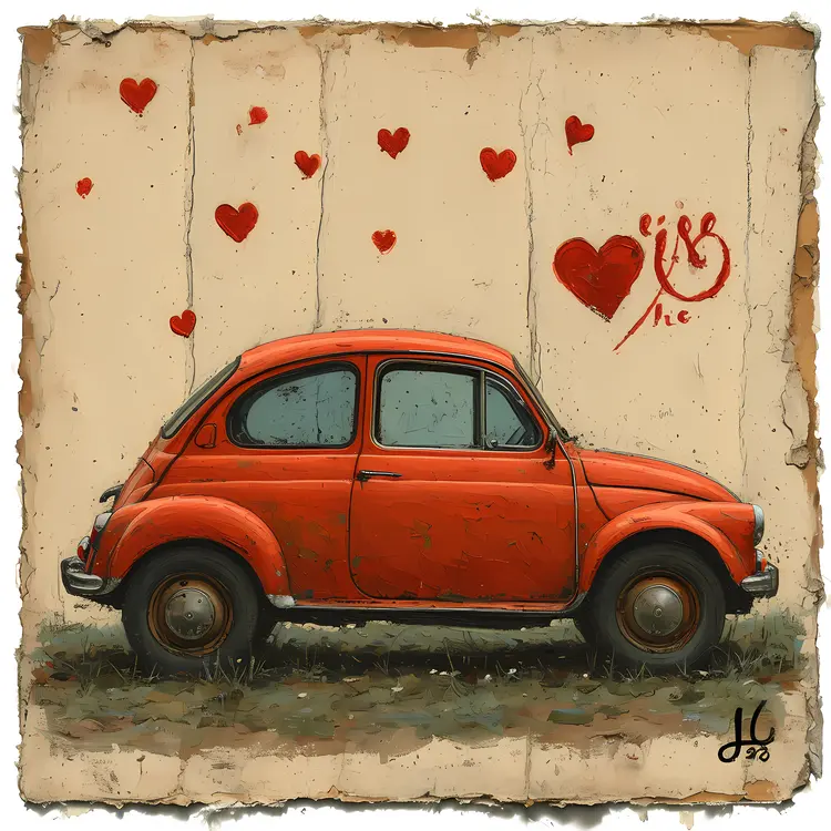 Artistic Red Vintage Car with Hearts
