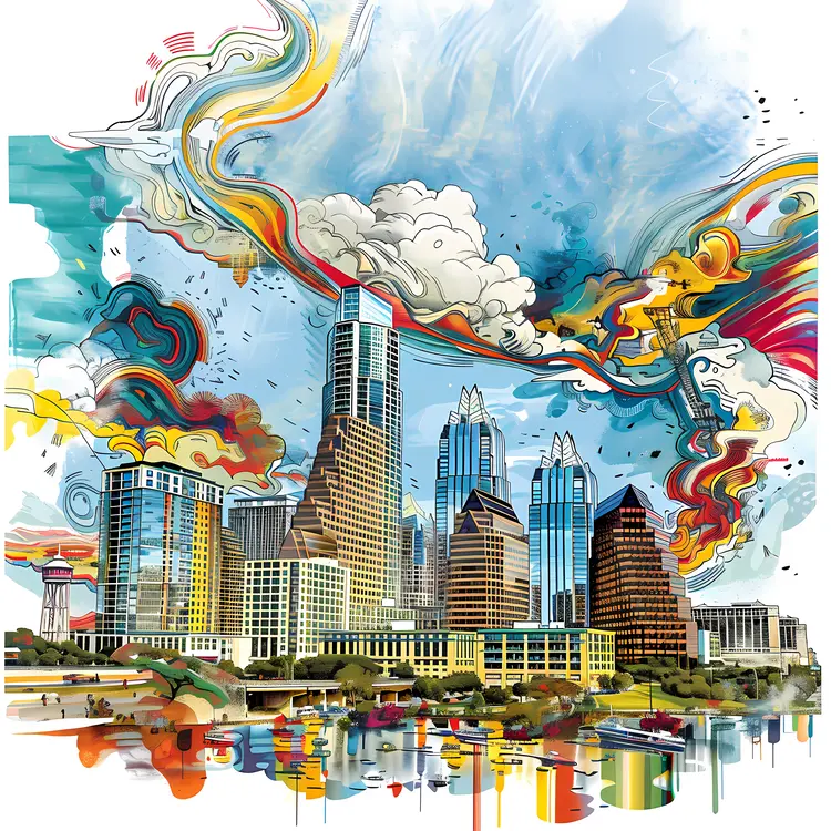 Vibrant Cityscape with Swirling Clouds