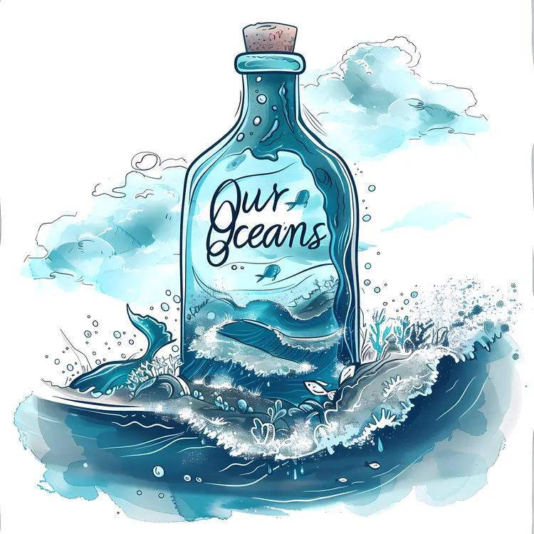 Our Oceans Illustration with Marine Life in a Bottle