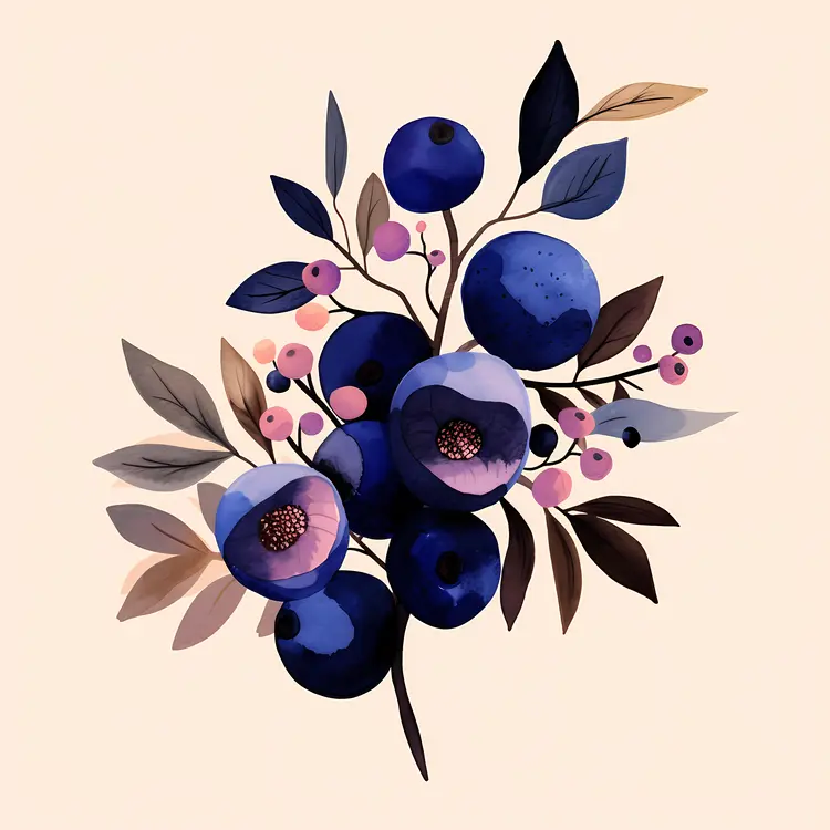 Watercolor Blueberries with Leaves
