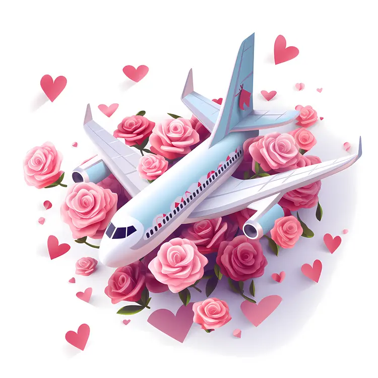 Airplane Surrounded by Roses and Hearts