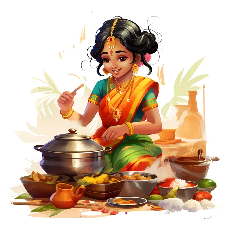 Girl in Traditional Dress Cooking