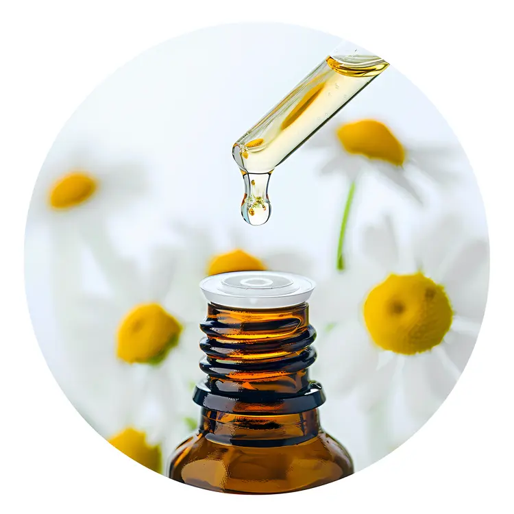 Chamomile and Oil Drop into Bottle