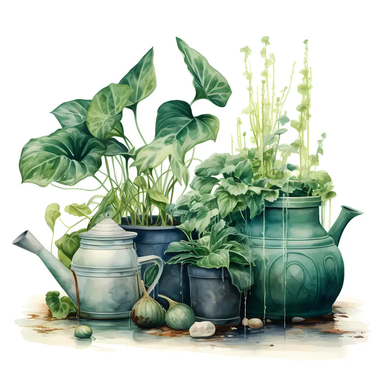 Collection of Watering Cans with Plants
