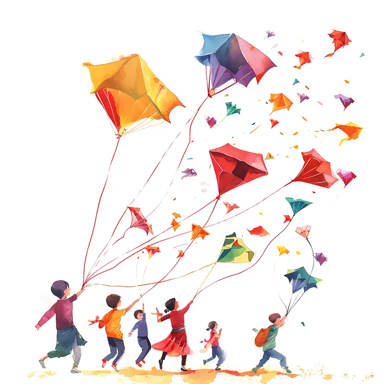 Group of Children Flying Kites