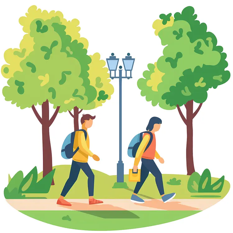Two People Walking in Park with Backpacks