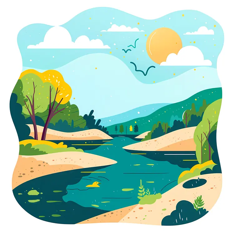 Sunny River Landscape with Trees and Hills