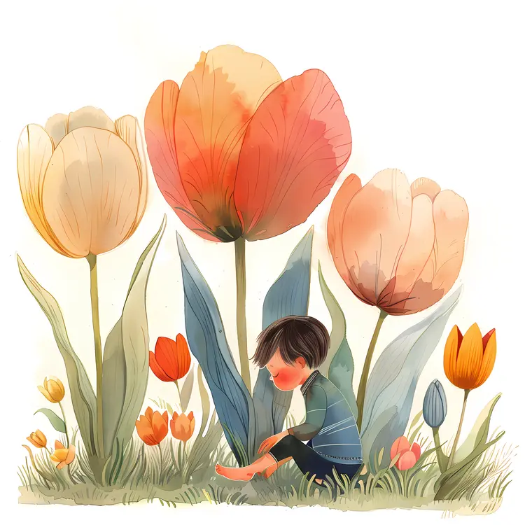 Little Boy with Pastel Tulips