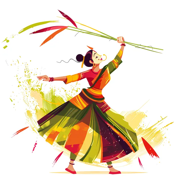 Woman Dancing with Bamboo Stick in Traditional Dress