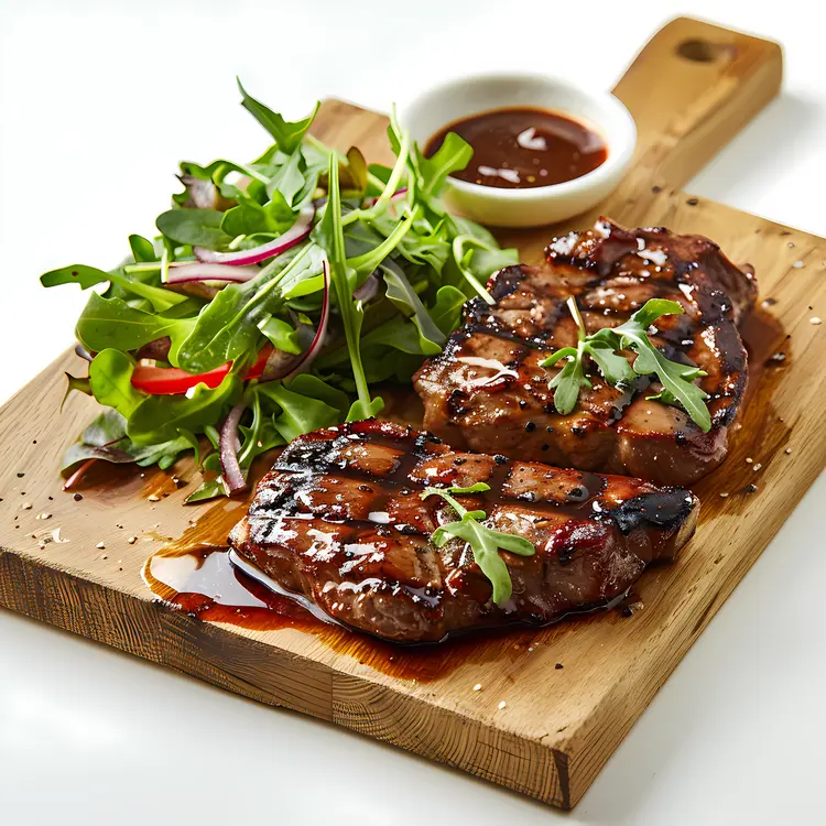 Grilled Steak with Fresh Greens on Wooden Board