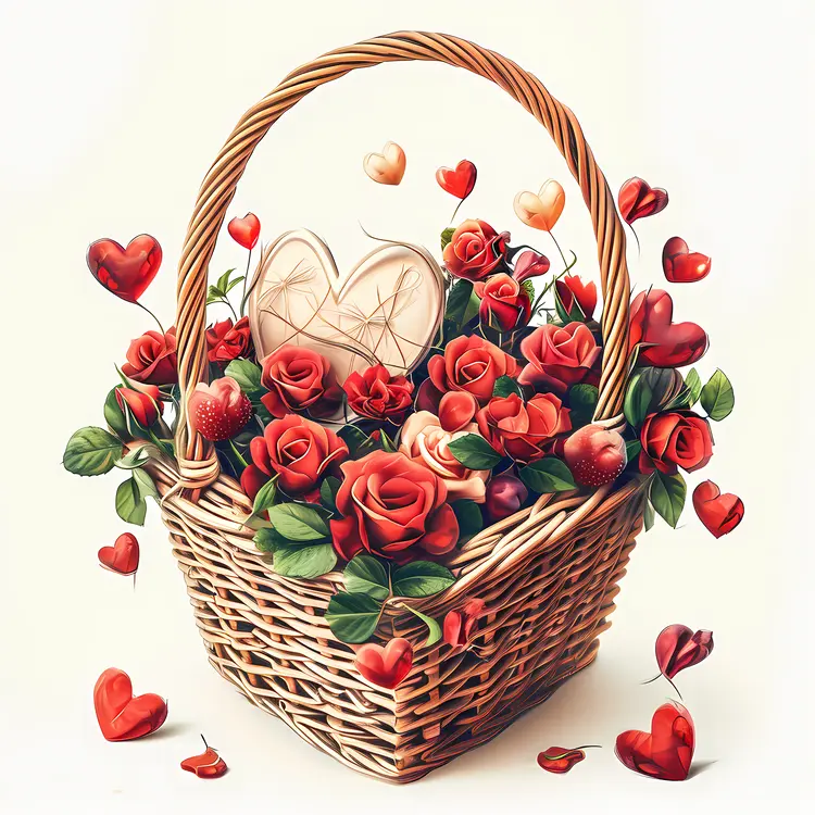 Heart Basket with Roses and Hearts for Valentine's Day