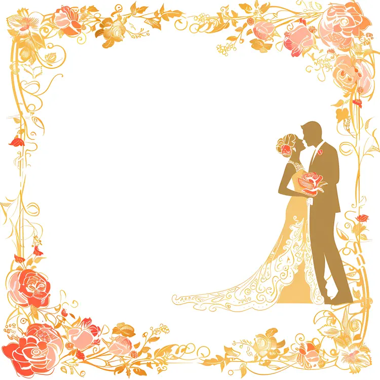 Golden Silhouette of Wedding Couple with Rose Frame