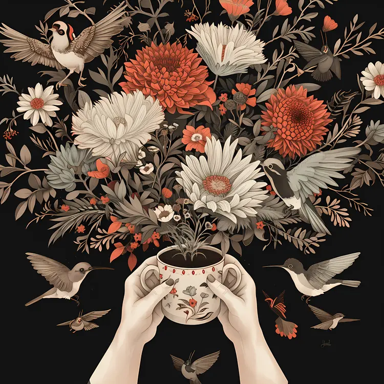 Birds with Teacup and Flowers in Hands
