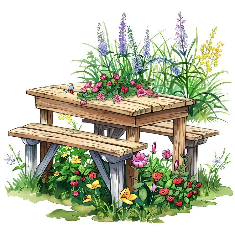Picnic Table in a Flower Garden