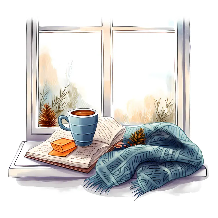 Blue Mug with Blanket and Book by Snowy Window