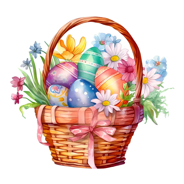 Basket of Easter Eggs with Flowers