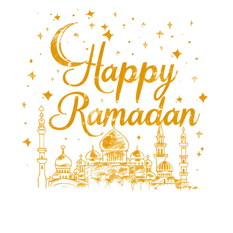 Golden Mosque and Crescent Moon with Happy Ramadan Text