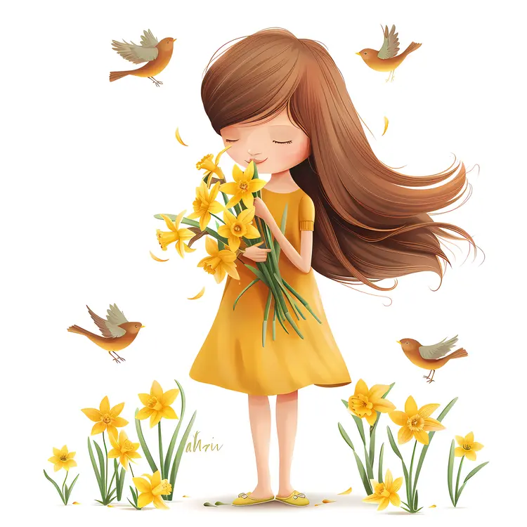 Girl in Yellow Dress with Flowers and Birds