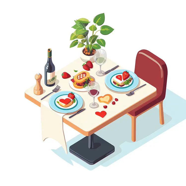 Romantic Dinner Table with Food and Hearts