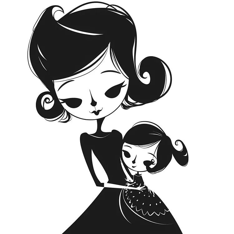 Cartoon Mother Hugging Daughter