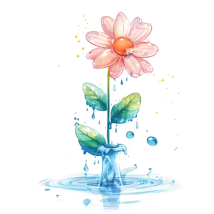 Illustrated Flower with Water Drops