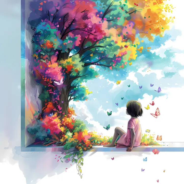 Girl Sitting by Window with Colorful Tree and Butterflies