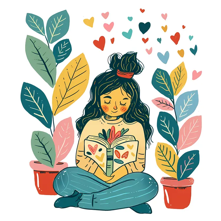 Girl Reading Book with Leaves and Hearts