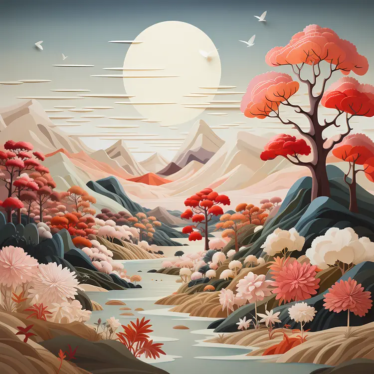 Colorful Landscape with Mountains and Trees