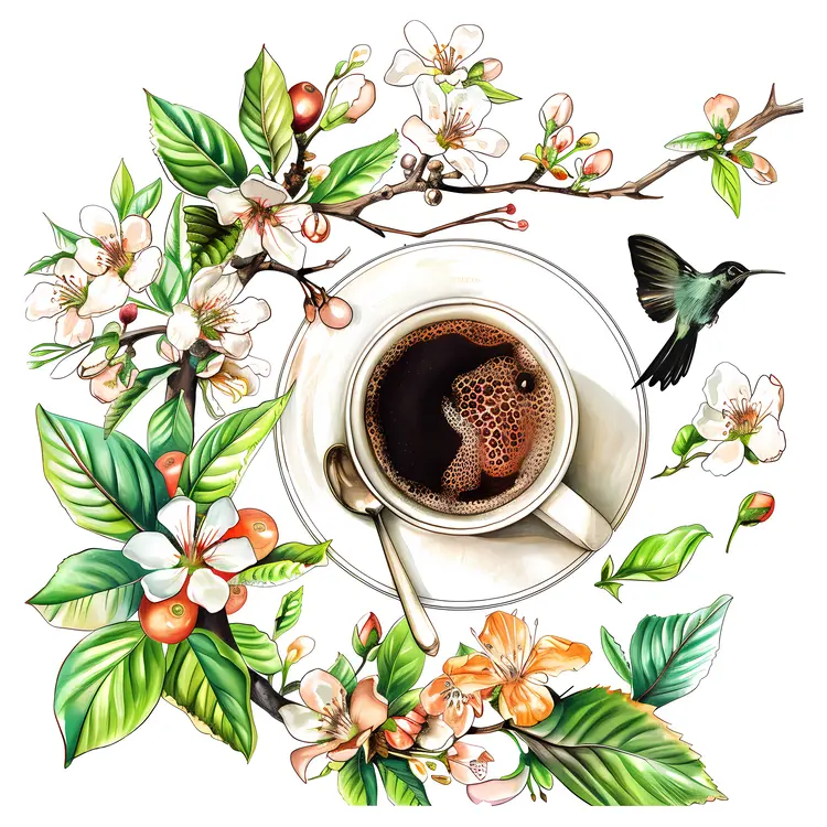 Coffee Cup with Floral Arrangement and Hummingbird