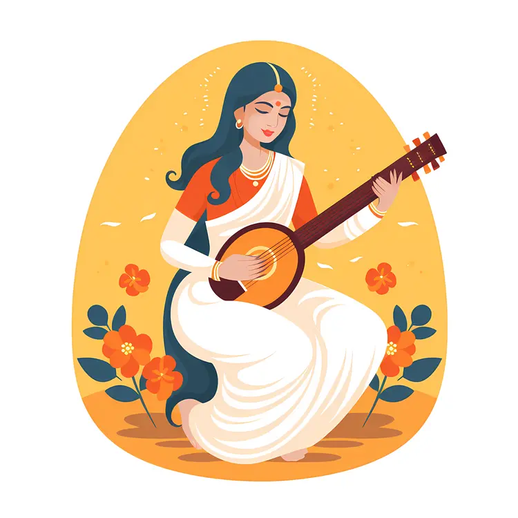 Woman Playing Sitar with Floral Background Illustration